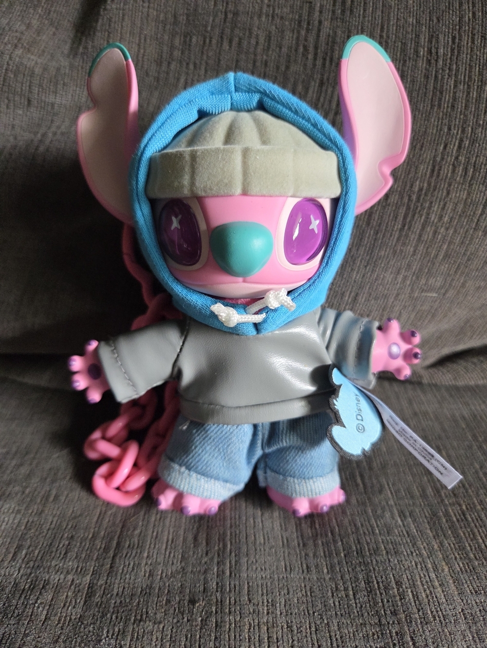 Pink Vinyl Stitch Doll with Teal Hood and Gray Jacket